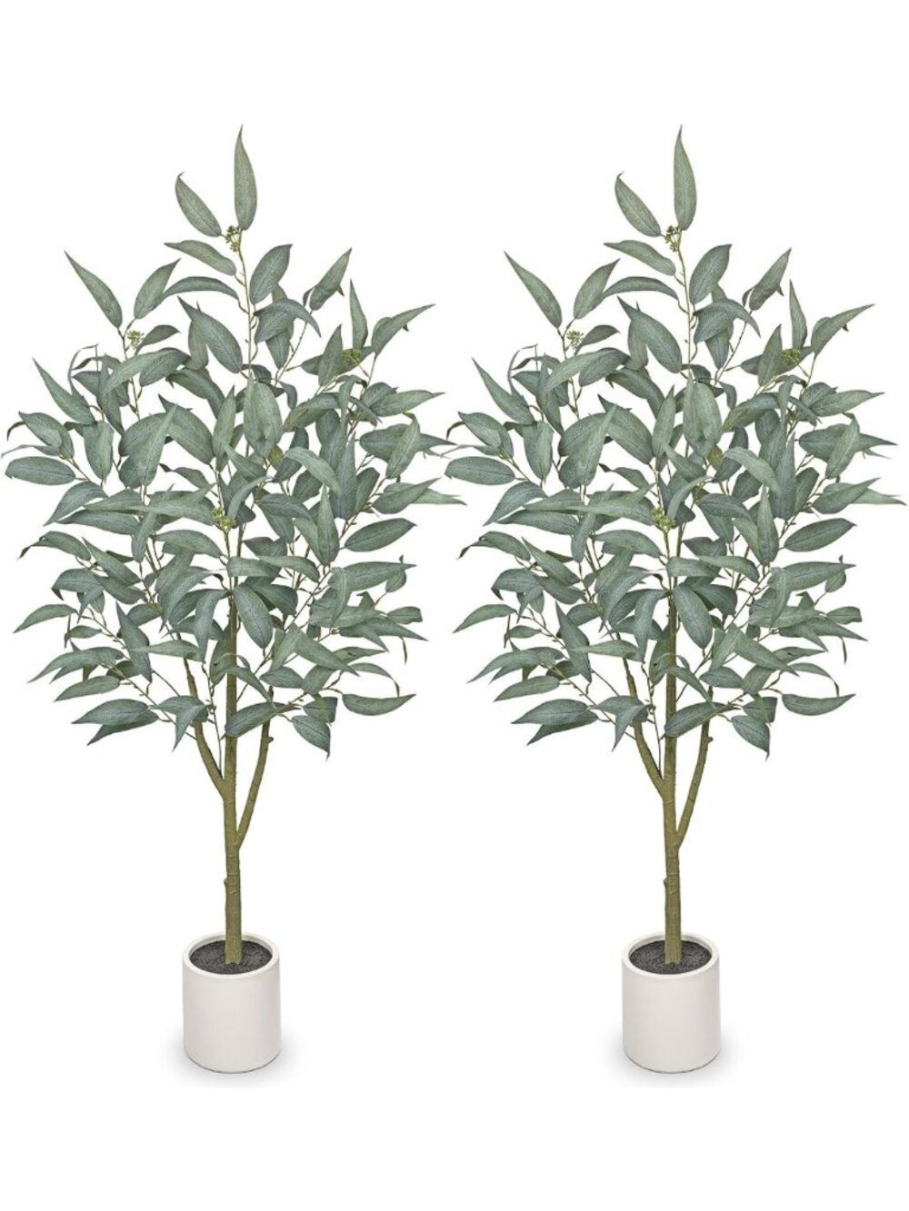 Set of 2 Faux Eucalyptus Trees - 4FT Tall Indoor Plants in White Planter for